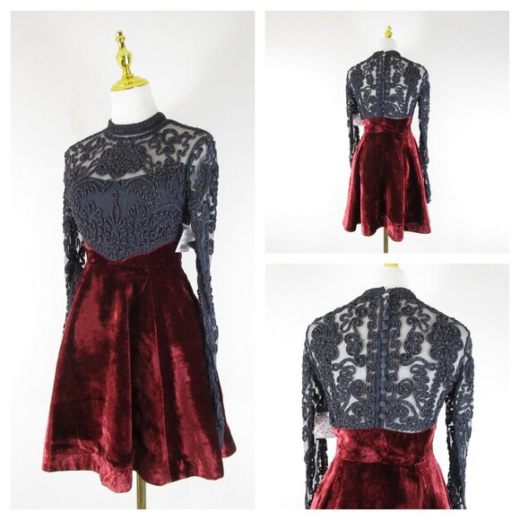Free People Gray Red Lace Velvet Button Back Fit Flare Long Sleeve Dress Size 2 - Picture 1 of 16